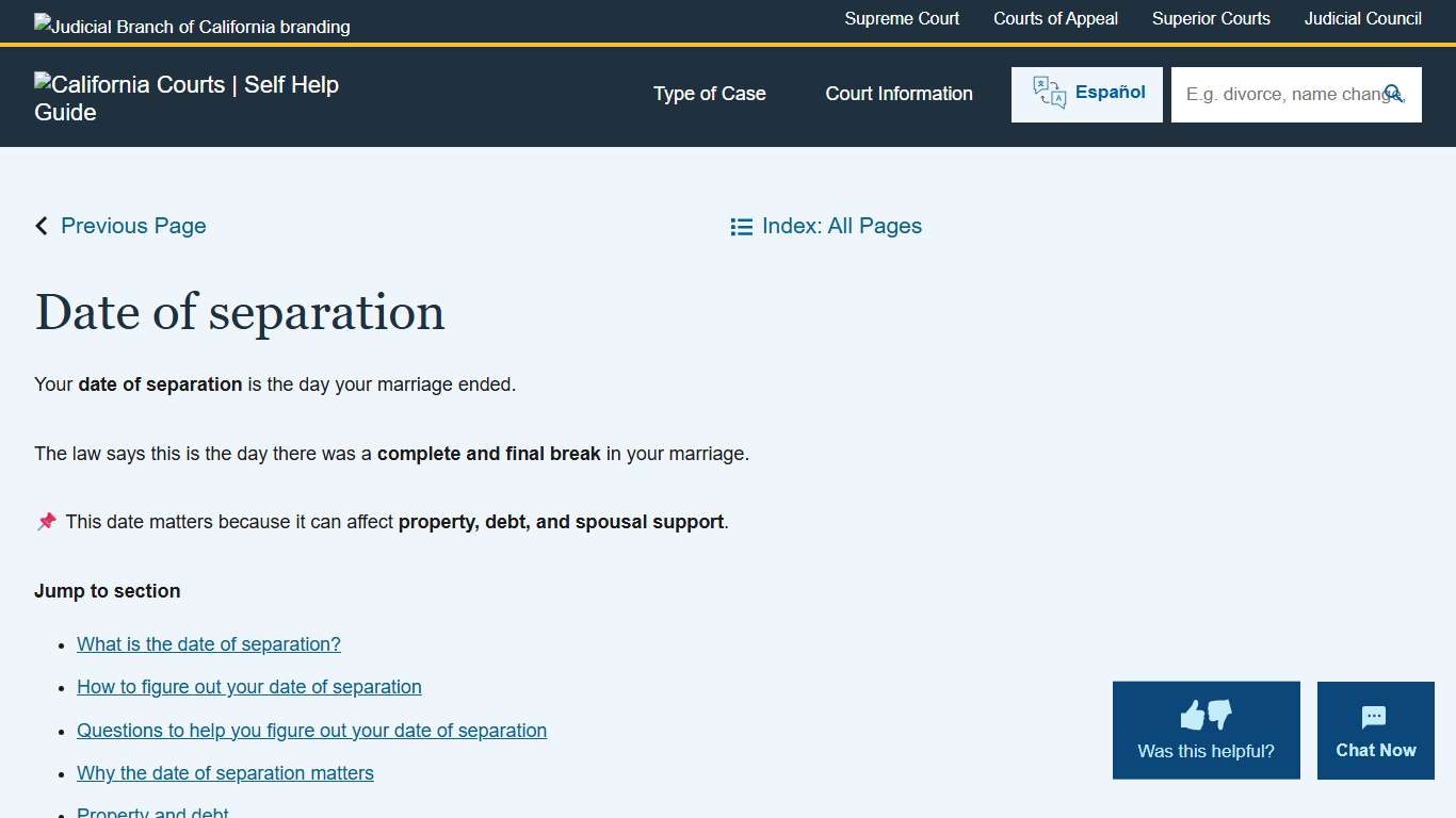 Date of separation California Courts Self Help Guide